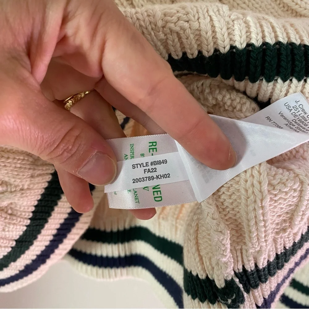 J. Crew Cream Cable-Knit V-Neck Sweater with Navy & Forest Stripes